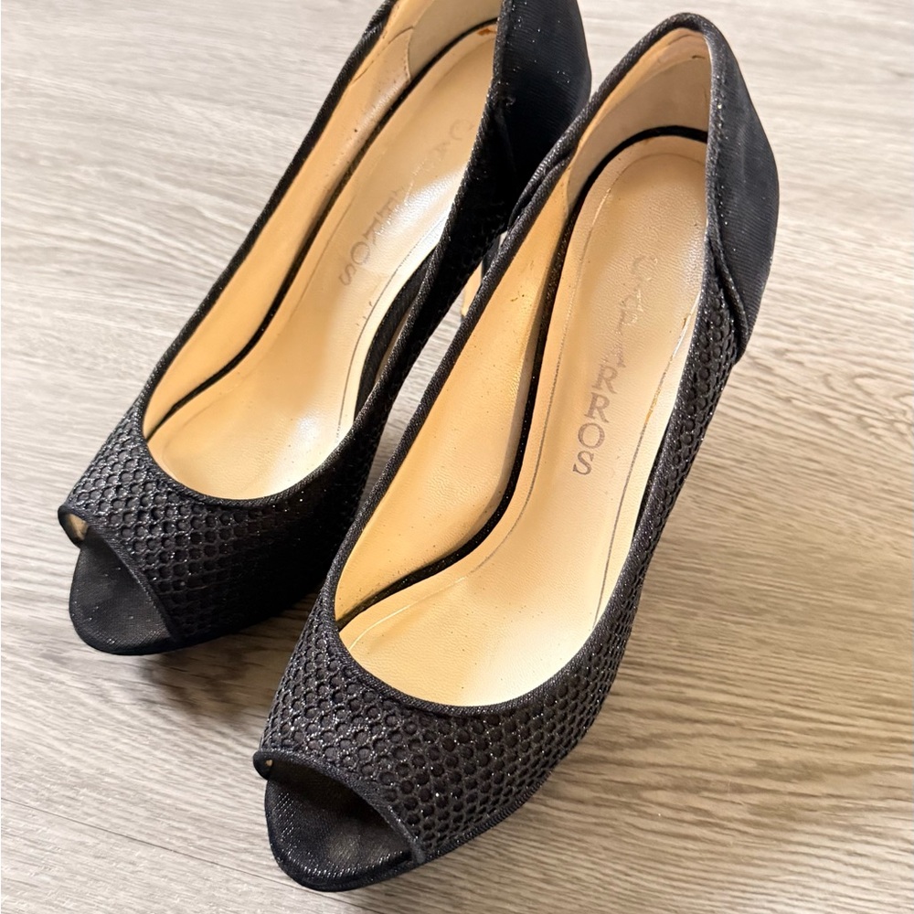 Caparros Black Textured Peep-Toe Heels